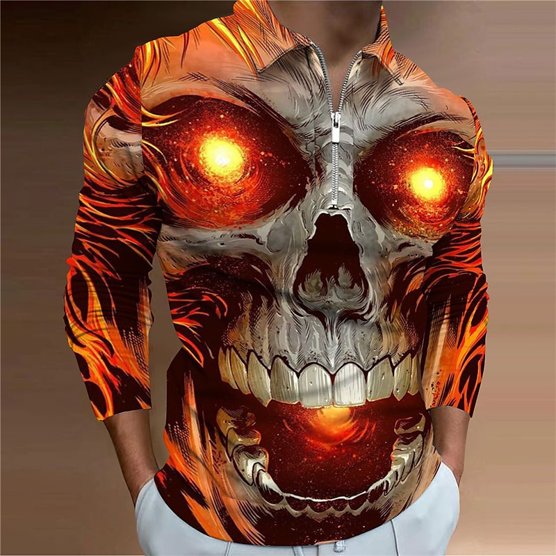 Giorno dei Morti Per uomo Teschio Polo con zip Maglia da golf Manica Lunga Magliette polo Camicie con Colletto Casual Orrore Abbigliamento casual alla moda Abbigliamento da festa Abiti da festa del 2026 a $25.99 –P1