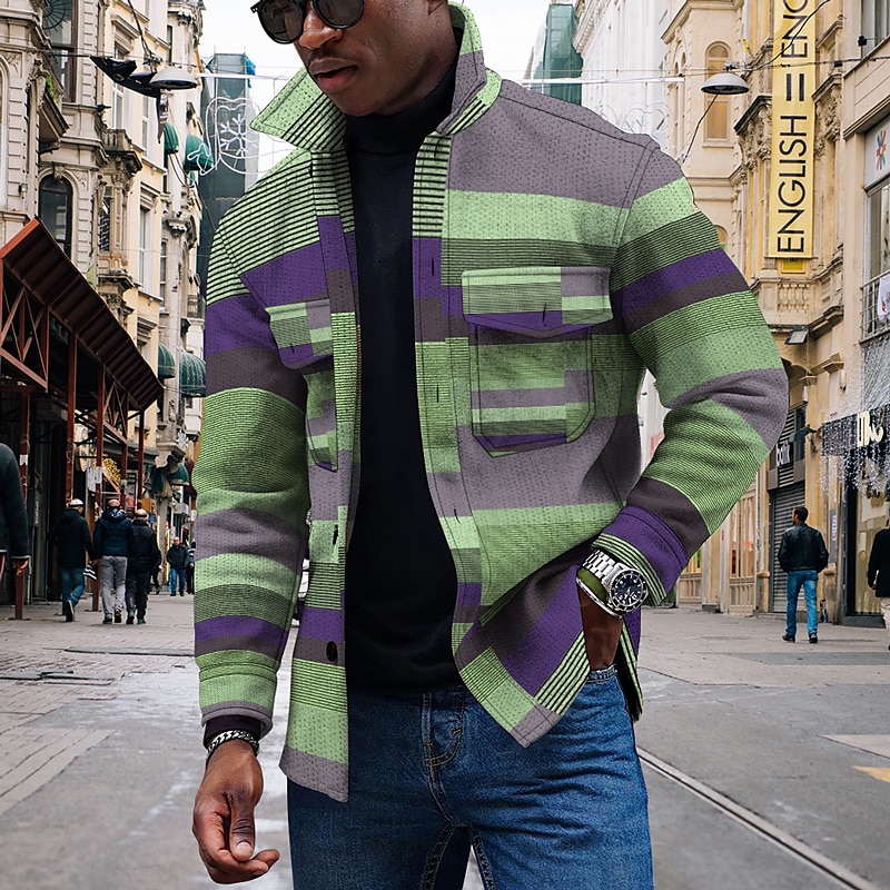 Homme Rayé Formes Géométriques Chemise à col Chemise polaire Veste chemise manche longue Vêtement de rue Sportif Décontractées Extérieur du quotidien Sortie Eté Printemps Col rabattu Poche Imprimer de 2026 ? $35.99 –P5