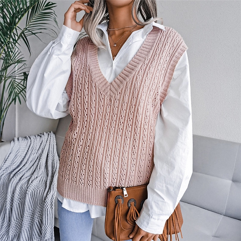 Women's Sweater Vest V Neck Cable Knit Acrylic Knitted Fall Winter Outdoor Daily Holiday Stylish Casual Soft Sleeveless Pure Color Pink Beige S M L 2023 - US $21.99 –P2