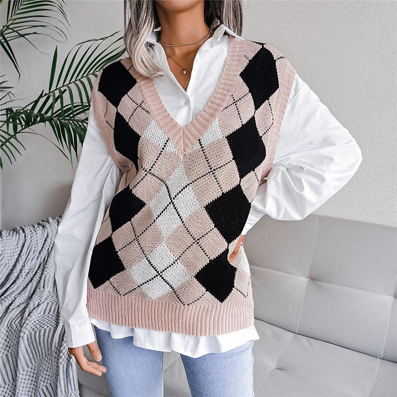 Women's Sweater Vest Pullover Sweater Jumper V Neck Ribbed Knit Acrylic Knitted Fall Winter Outdoor Daily Holiday Stylish Casual Soft Sleeveless Argyle Pink Red S M L 2023 - US $22.99 –P2