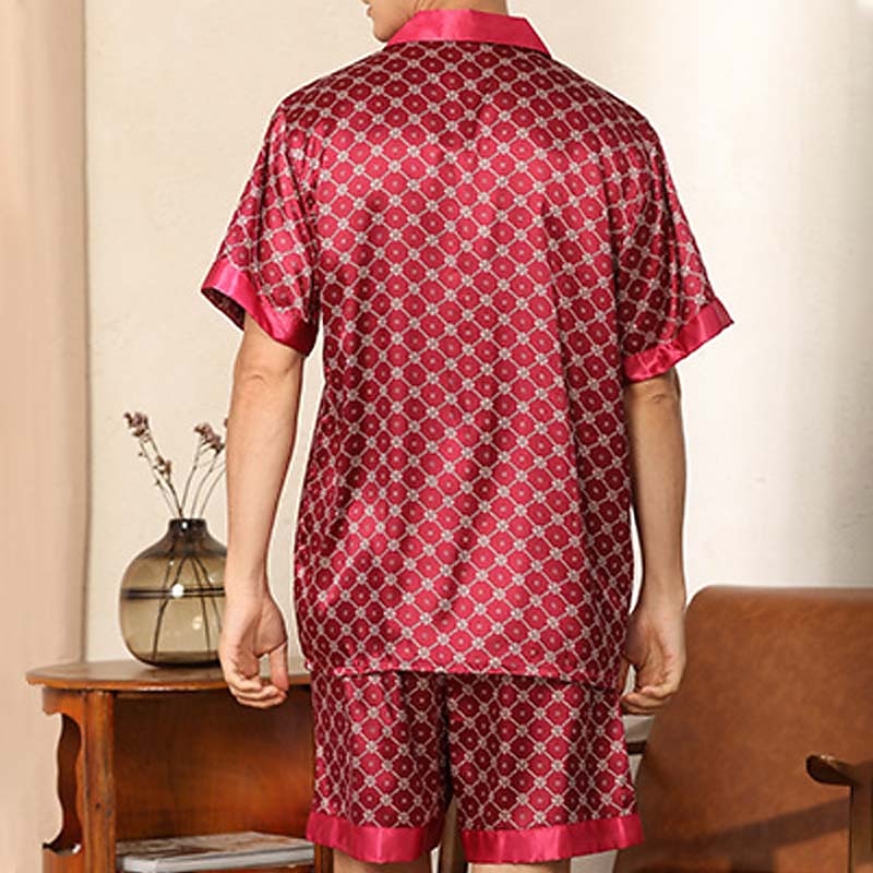 Miesten Uniasut Yöpukusarja Silkkipyjama Pyjama toppi ja shortsit 1set Pilkku Yksinkertainen Mukavuus Koti Päivittäin Tekosilkki Hengittävä Kauluskäänne Lyhythihainen Shortsit Tasku Syksy Kevät Viini 2025 - $34.99 –P10