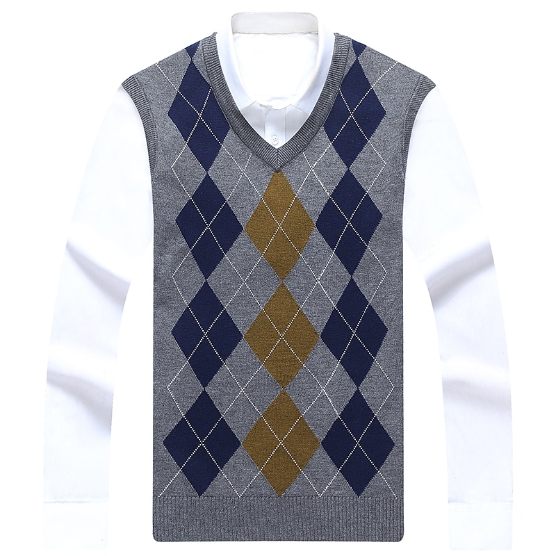 Herre Genser vest Kjole genser Stilfull Gammeldags stil Fargeblokk Argylemønster Riflet V-hals Lapper Strikket Flettet Drop Shoulder Ermeløs Strikke Jul Hjem Arbeid Rød Navyblå Vår Høst 2025 - $32.99 –P3