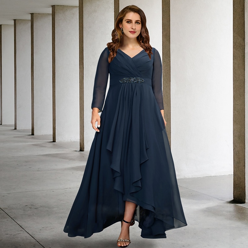 A-Line Mother of the Bride Dresses Plus Size Hide Belly Curve Elegant Dress  Formal Asymmetrical Long Sleeve V Neck Chiffon with Pleats Crystals 2023  2026 - $129.99