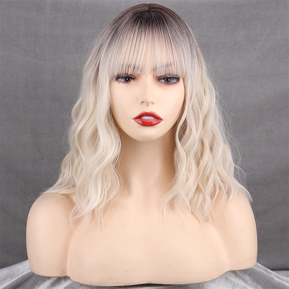 kurze platinblonde Damenperücken weißblonde gewellte Perücke mit Pony mittellange platinblonde gewellte Synthetikperücke für den täglichen Gebrauch 2025 - $28.99 –P7