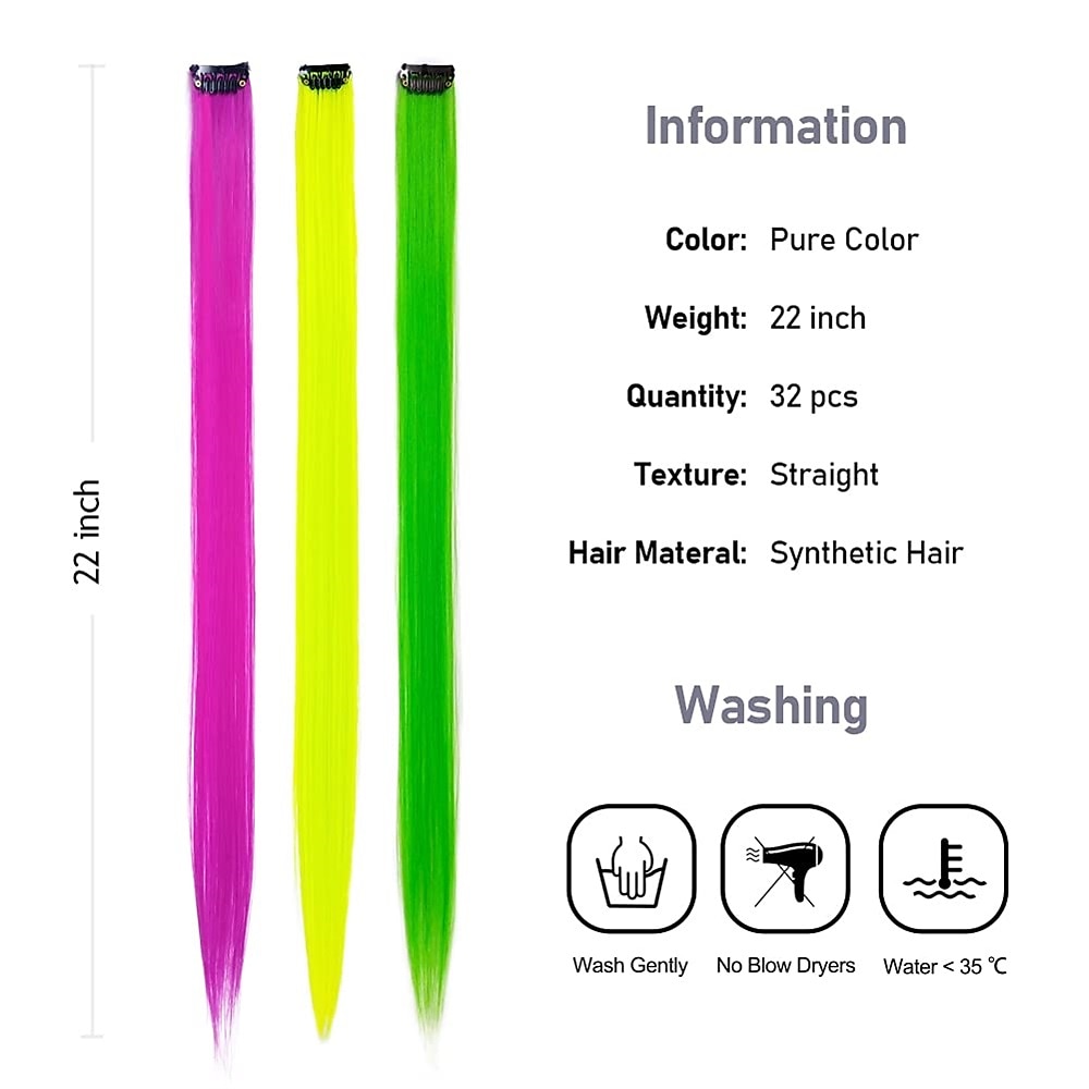 32packs gekleurde hair extensions 20inch rechte kleur clip in op haarverlenging regenboog partij hoogtepunten synthetisch haarstukje voor meisjes 2025 - $26.99 –P3