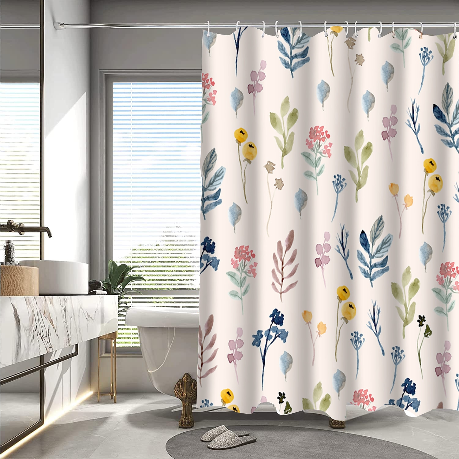Κουρτίνα Ντους με Γάντζους 180cm*180cm(70"*70") Πολυεστέρας Πλενόμενη Αδιάβροχη Τοπίο με Λουλούδια 2025 - $27.99 –P3
