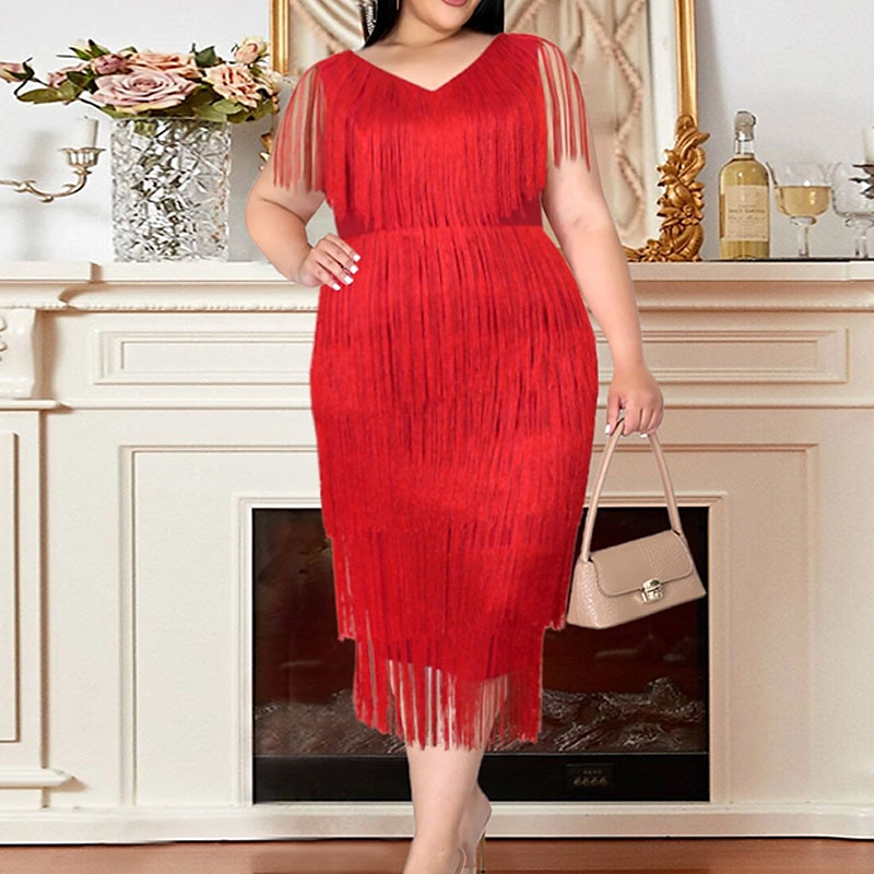 Women‘s Plus Size Sequin Dress Fringe Dress Party Dress Sparkly Dress V Neck Tassel Sleeveless Spring Fall Fashion Elegant Formal Midi Dress Evening 2023 - US $62.99 –P1