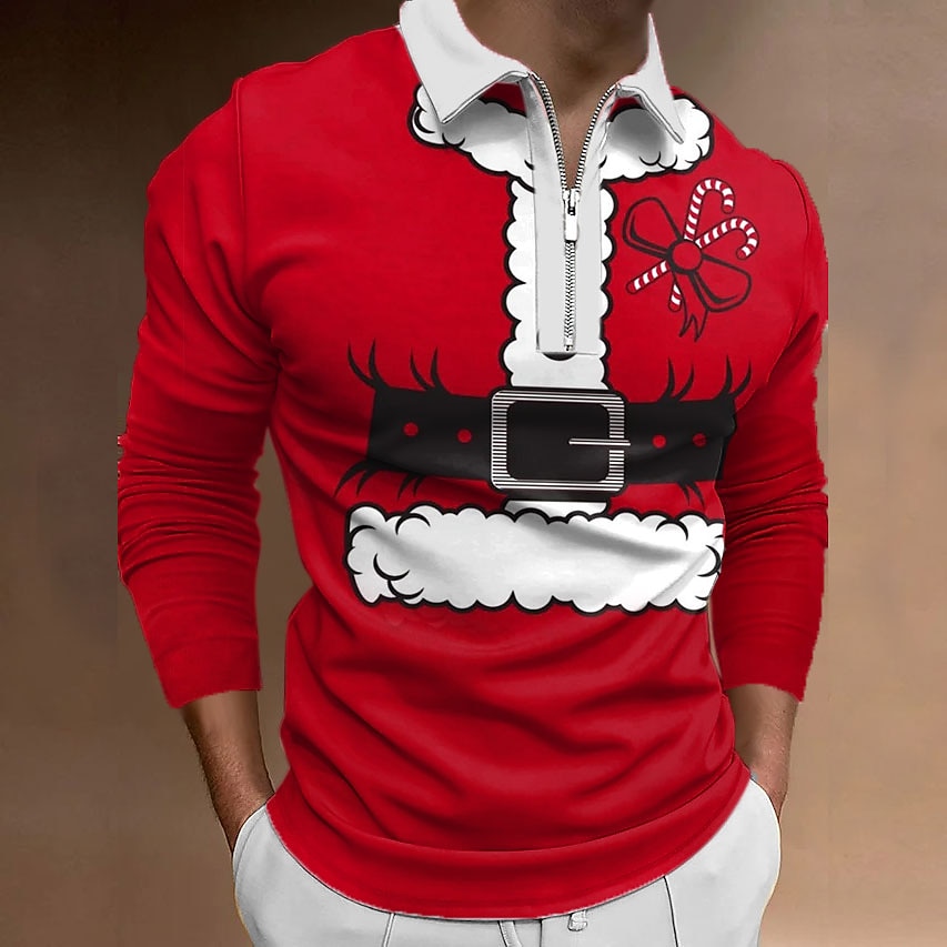 kerst heren kerstman 3d rits polo golf kerstman turndown wijn wit+rood rood+legergroen+wit zwart wit 3d print straat casual lange mouw rits print kleding kleding modeontwerper 2025 - $20.99 –P6