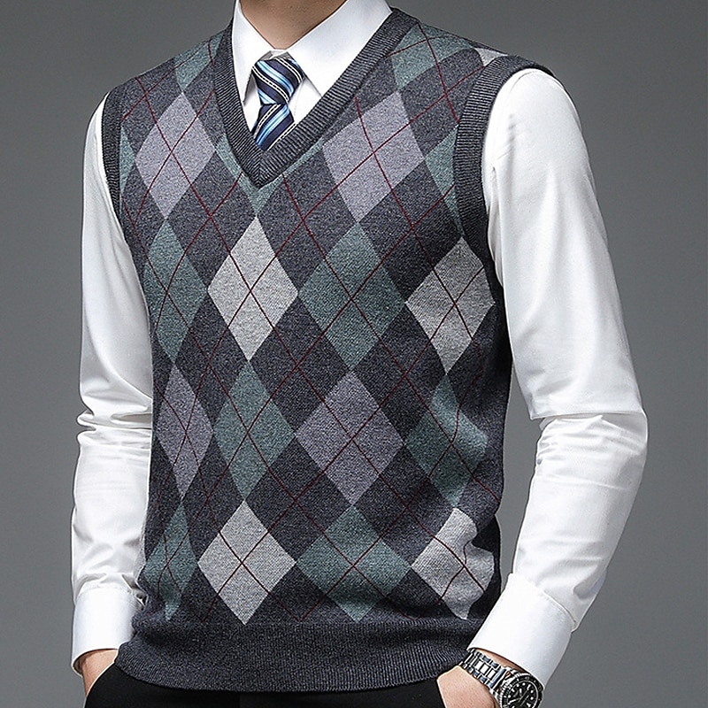 Voor heren Trui Trui vest Herenkleding Truien Stoppen Geribd breien Gebreid Kleurenblok V-hals Modern eigentijds Vrije tijd Werk Alledaagse kleding Kleding Mouwloos Winter Lente & Herfst Kameel Wijn 2025 - $36.99 –P2