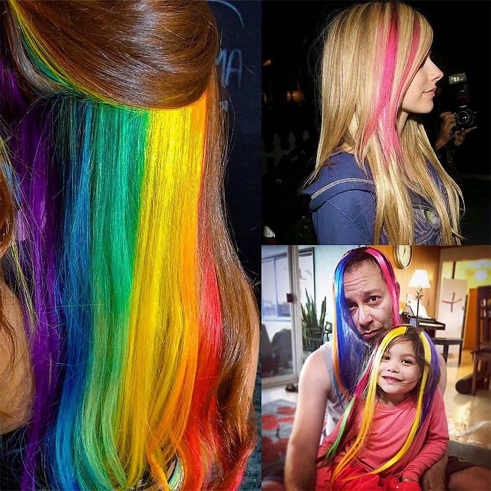 32packs gekleurde hair extensions 20inch rechte kleur clip in op haarverlenging regenboog partij hoogtepunten synthetisch haarstukje voor meisjes 2025 - $26.99 –P5