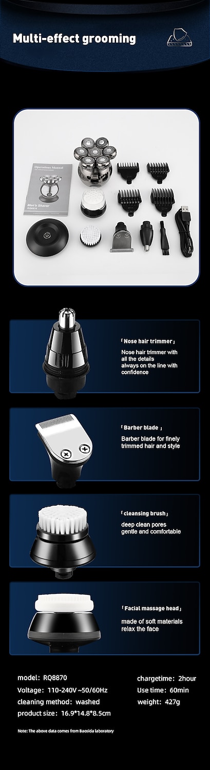 6 In 1 Electric Head Shaver for Bald Men 7D Floating Cutter Beard Trimmer Clipper IP68 Waterproof Shaving USB Wireless Charging  Christmas Gift 2025 - $58.99 –P4