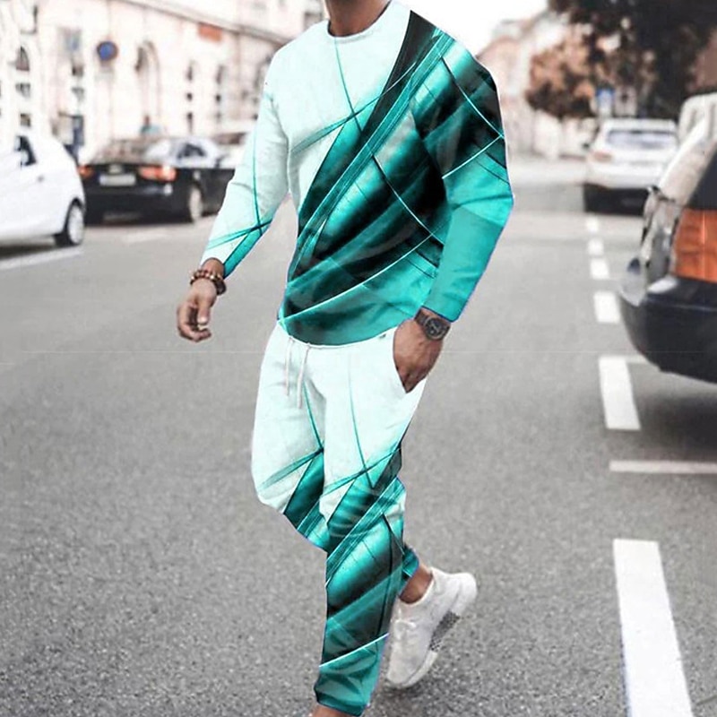 Sudadera y pantalones a rayas para hombre, sudadera con capucha gráfica, conjunto de sudaderas con capucha, rojo, azul, gris claro, cuello redondo, bloque de color, estampado de 2 piezas, 2025 - $39.99 –P3