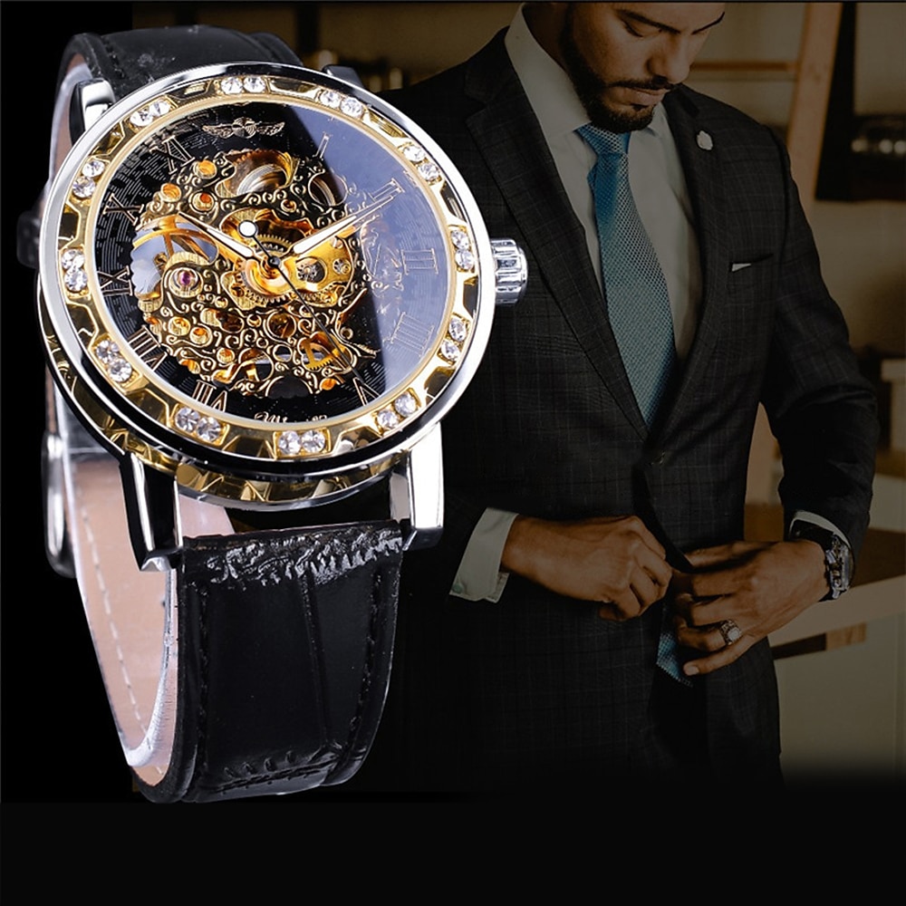 WINNER Orologio da polso orologio meccanico per Da uomo Analogico Carica automatica Strappato Vintage Moda Orologi con incisioni Con diamantini Lega Pelle del 2024 a 28.99