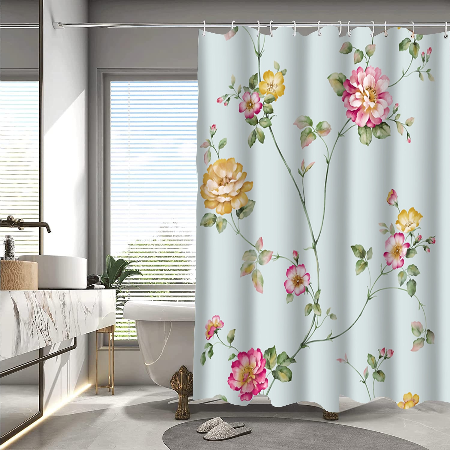 Κουρτίνα Ντους με Γάντζους 180cm*180cm(70"*70") Πολυεστέρας Πλενόμενη Αδιάβροχη Τοπίο με Λουλούδια 2025 - $27.99 –P6