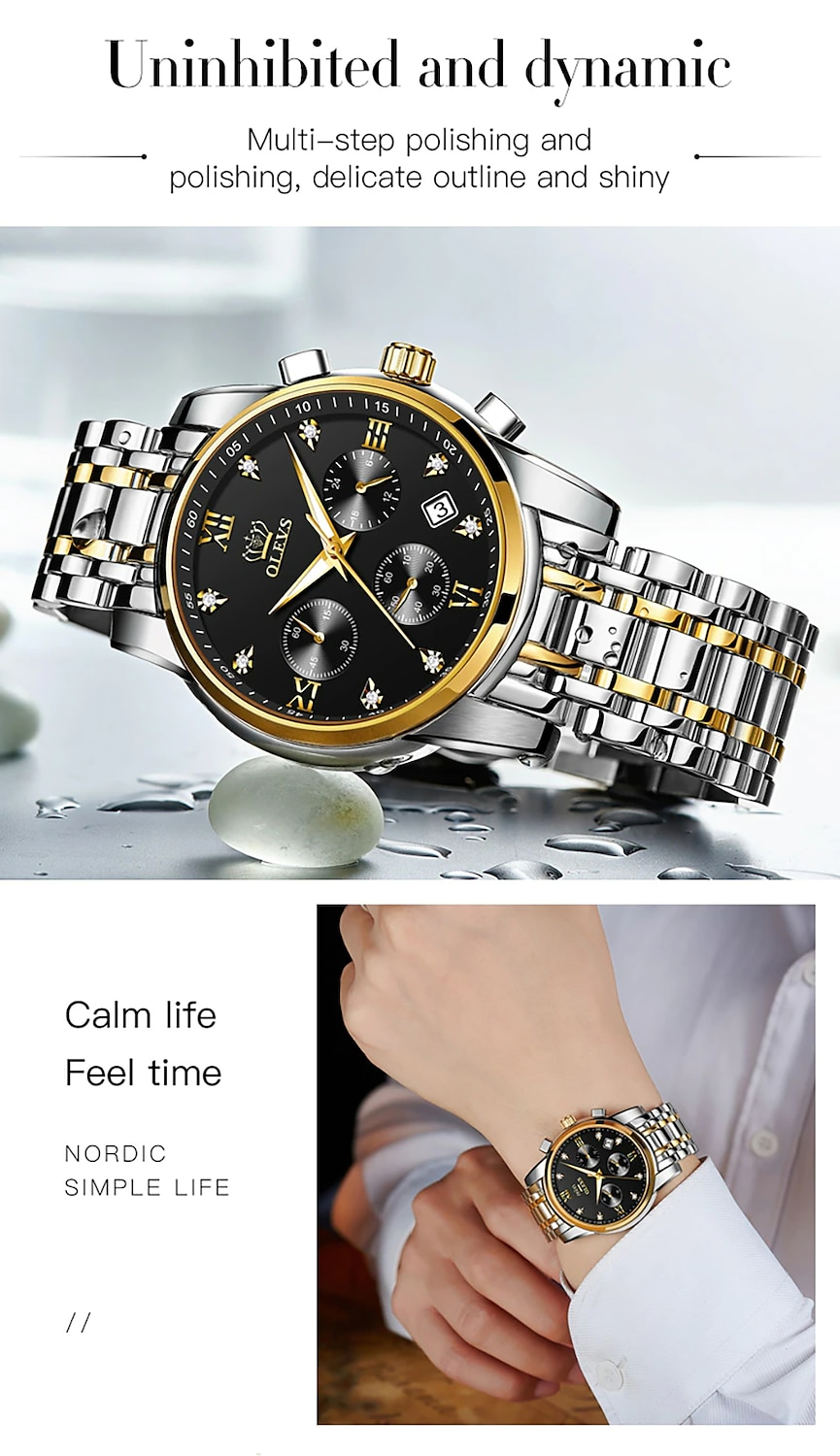 OLEVS Mens Watches Chronograph Luxury Dress Moon Phase Quartz Stainless  Steel Waterproof Luminous Business Calendar Wrist Watch