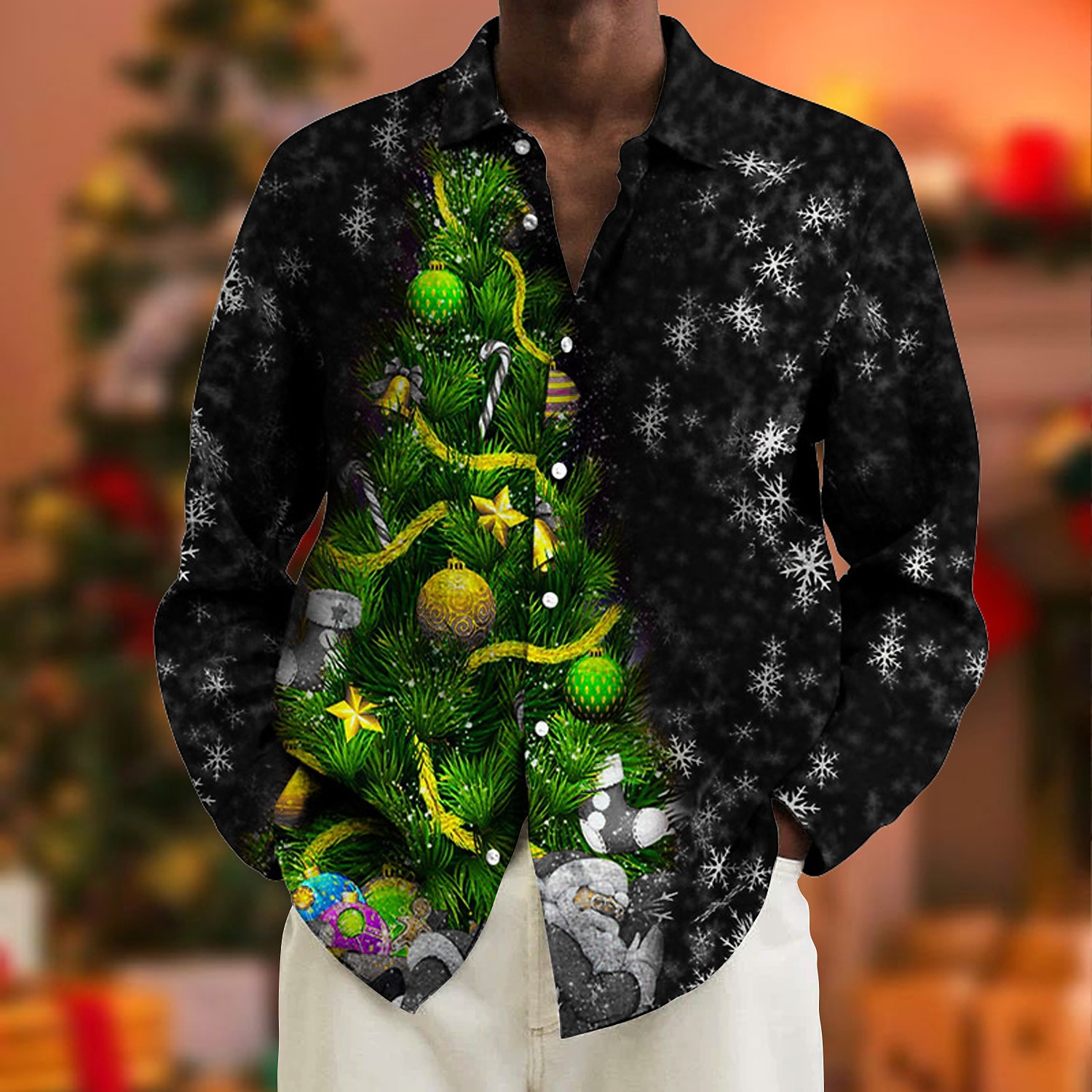 Herr Skjorta Träd Grafiska tryck Nedvikt Svart / Grön Gul Vin Purpur 3D-tryck Jul Gata Långärmad Mönster Button-Down Kläder Mode Designer Ledigt Mjukt 2025 - $26.99 –P3