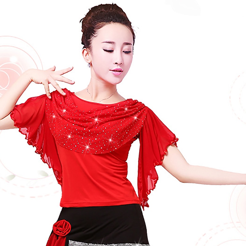 Latin Dance Ballroom Dance Sparkle Top Ruffles Pure Color Women's Performance Training Short Sleeve Polyester 2025 - $20.99 –P3