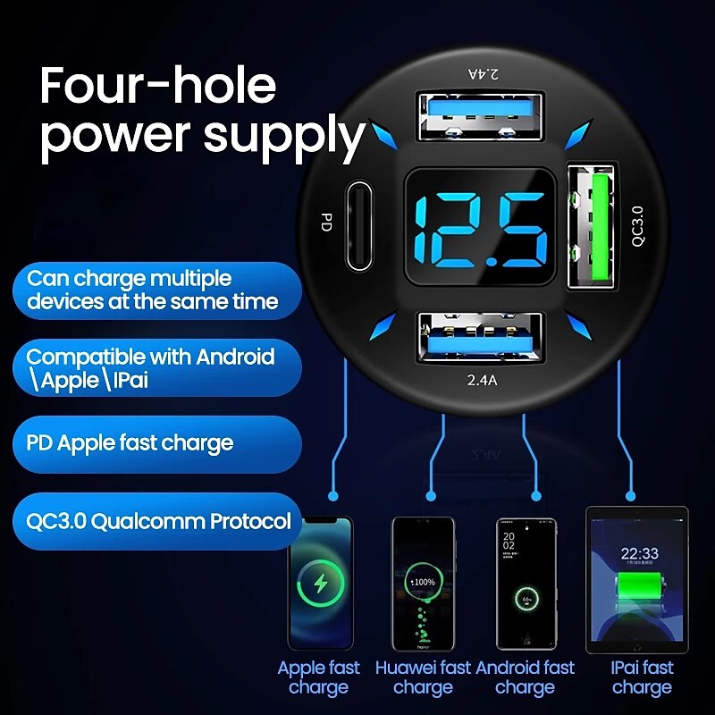 otolampara 4 in 1 66w autolader snel opladen sigarettenaansteker adapter 4-poorts usb ausb c snel opladen telefoon oplader voor iphone xiaomi samsung 2025 - $11.99 –P4