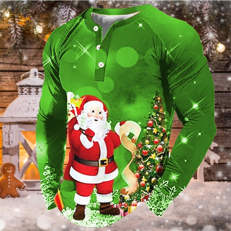 maglietta di natale camicia henley da uomo t shirt tee tee grafica babbo natale henley verde blu arancione rosso 3d stampa all'aperto natale manica lunga patchwork button-down abbigliamento del 2025 a $28.99 –P2