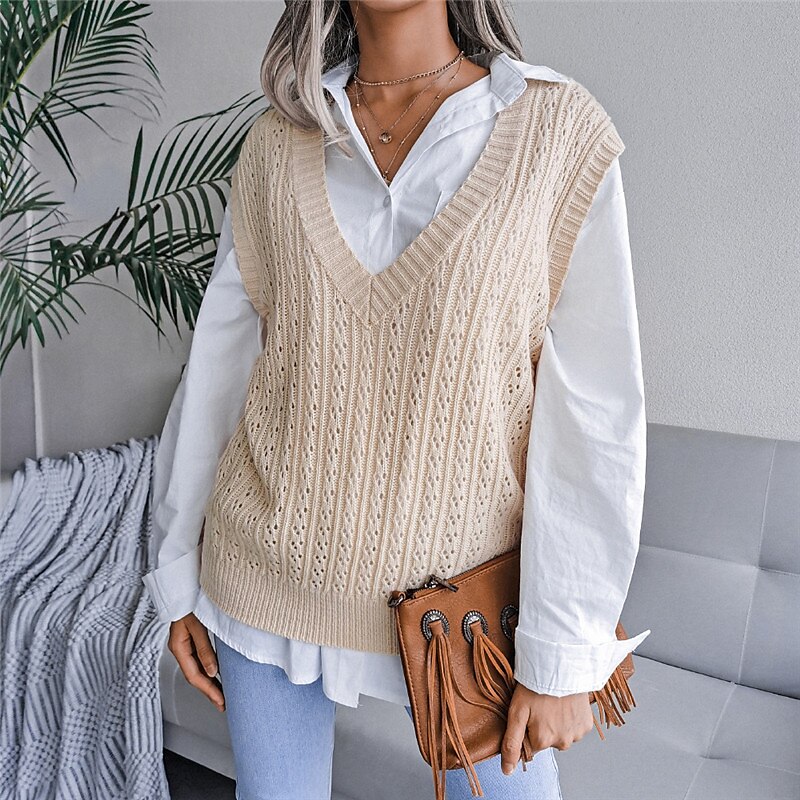 Women's Sweater Vest V Neck Cable Knit Acrylic Knitted Fall Winter Outdoor Daily Holiday Stylish Casual Soft Sleeveless Pure Color Pink Beige S M L 2023 - US $21.99 –P8
