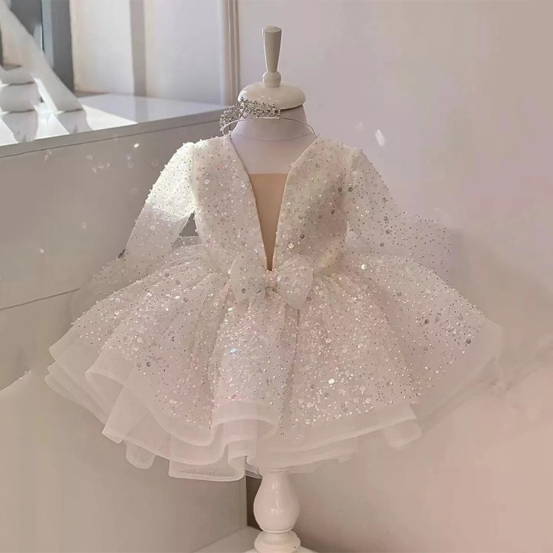 Kids Girls' Flower Girl Dress Party Dress Sequin Long Sleeve Performance  Wedding Anniversary Adorable Princess Cotton Above Knee Party Dress A Line Dress  Flower Girl's Dress Fall Winter 2-12 Years 2026