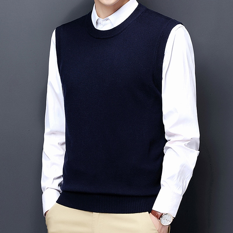 Men's Sweater Vest Dress Sweater Wool Sweater Pullover Sweater Jumper Ribbed Knit Knitted Solid Color Crew Neck Keep Warm Modern Contemporary Work Daily Wear Clothing Apparel Sleeveless Spring & Fall 2025 - $28.99 –P4