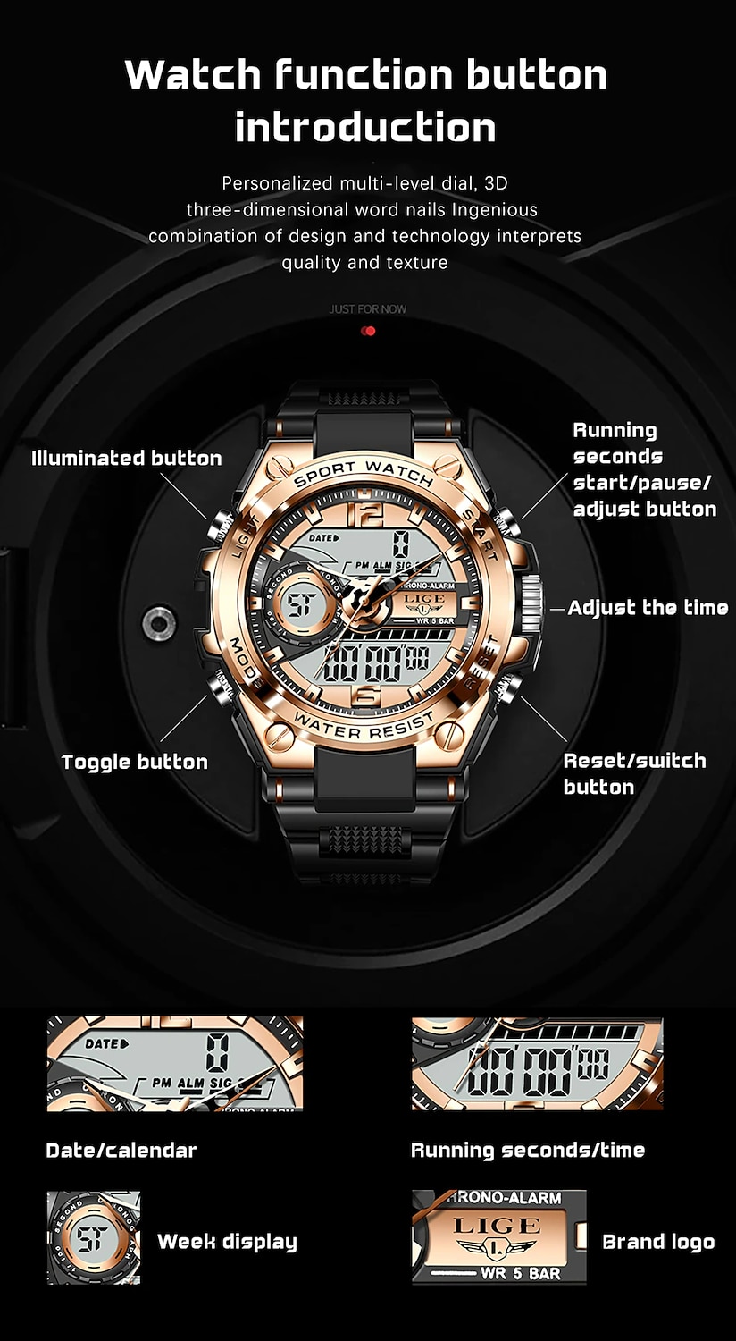 LIGE Mannen Digitale Horloge Chronograaf Militaire Sport Waterdicht Dubbele Weergave Kalender Chronograaf Waterdichte Siliconen Strap Horloge 2026 - $29.99 –P6