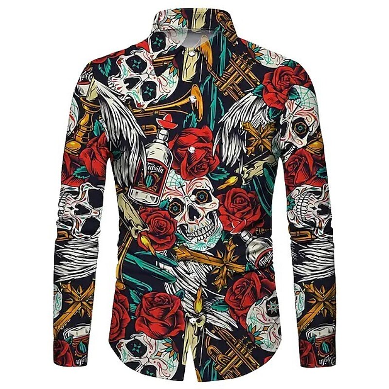 Per uomo Rosa Floreale Teschi Camicia Manica lunga Di tendenza Originale Informale Halloween Strada Informale Autunno inverno Collo ripiegabile Stampa Bottone giù Nero e rosso Vinaccia Nero Bianco del 2025 a $26.99 –P4