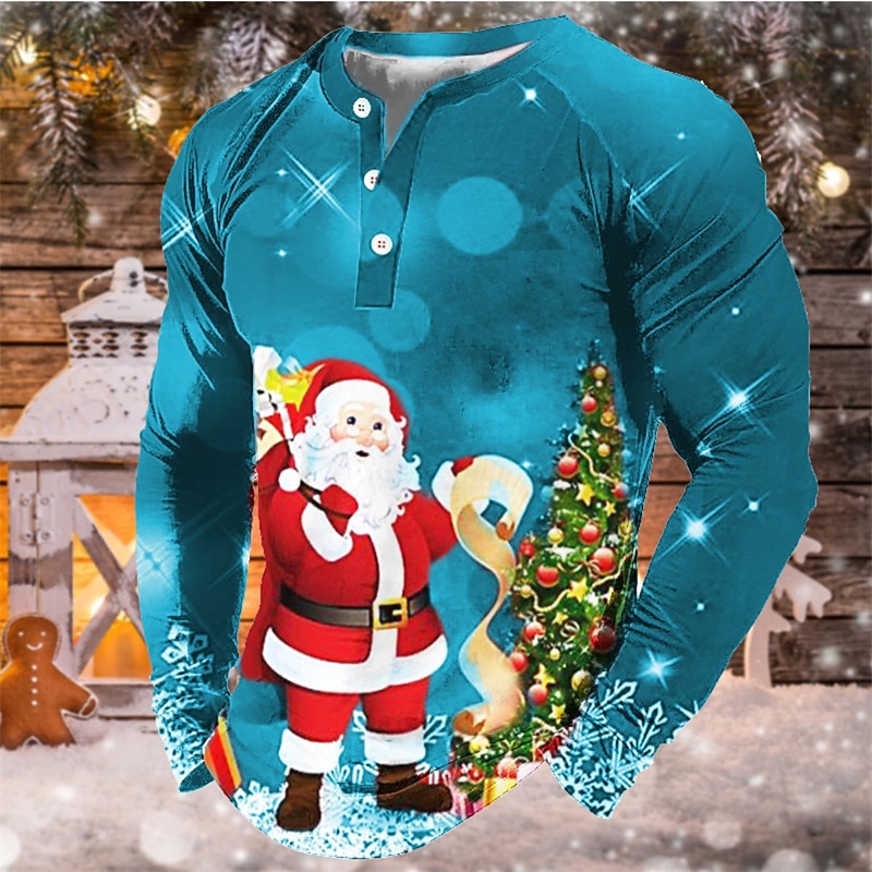 maglietta di natale camicia henley da uomo t shirt tee tee grafica babbo natale henley verde blu arancione rosso 3d stampa all'aperto natale manica lunga patchwork button-down abbigliamento del 2025 a $28.99 –P3