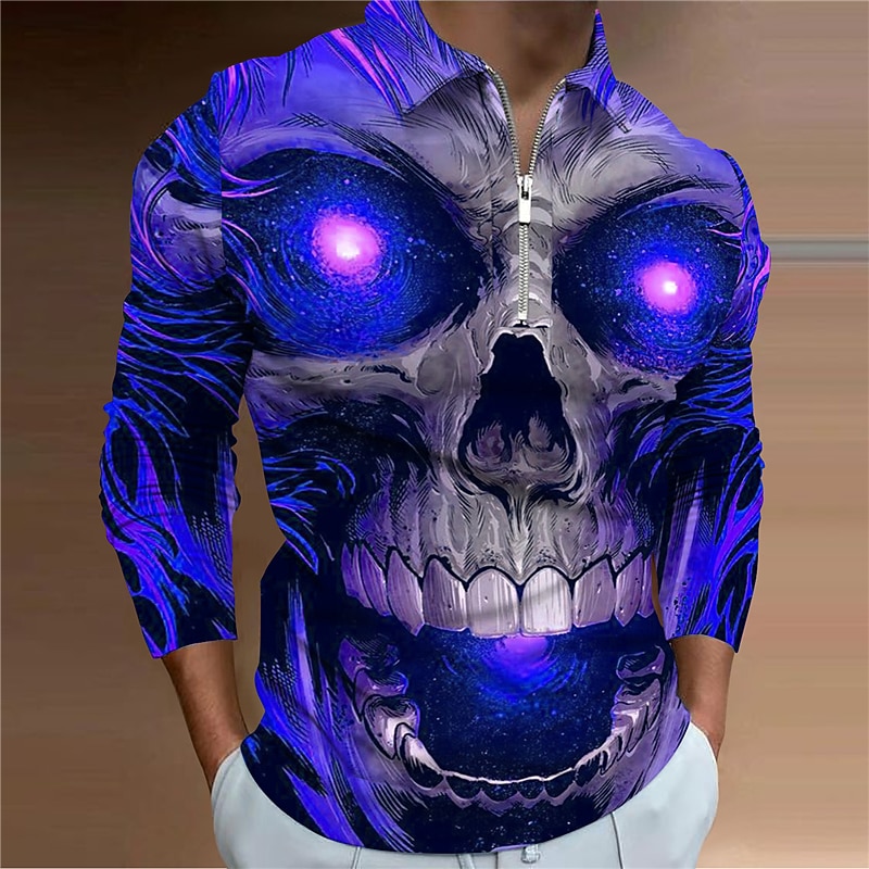 Giorno dei Morti Per uomo Teschio Polo con zip Maglia da golf Manica Lunga Magliette polo Camicie con Colletto Casual Orrore Abbigliamento casual alla moda Abbigliamento da festa Abiti da festa del 2026 a $25.99 –P2