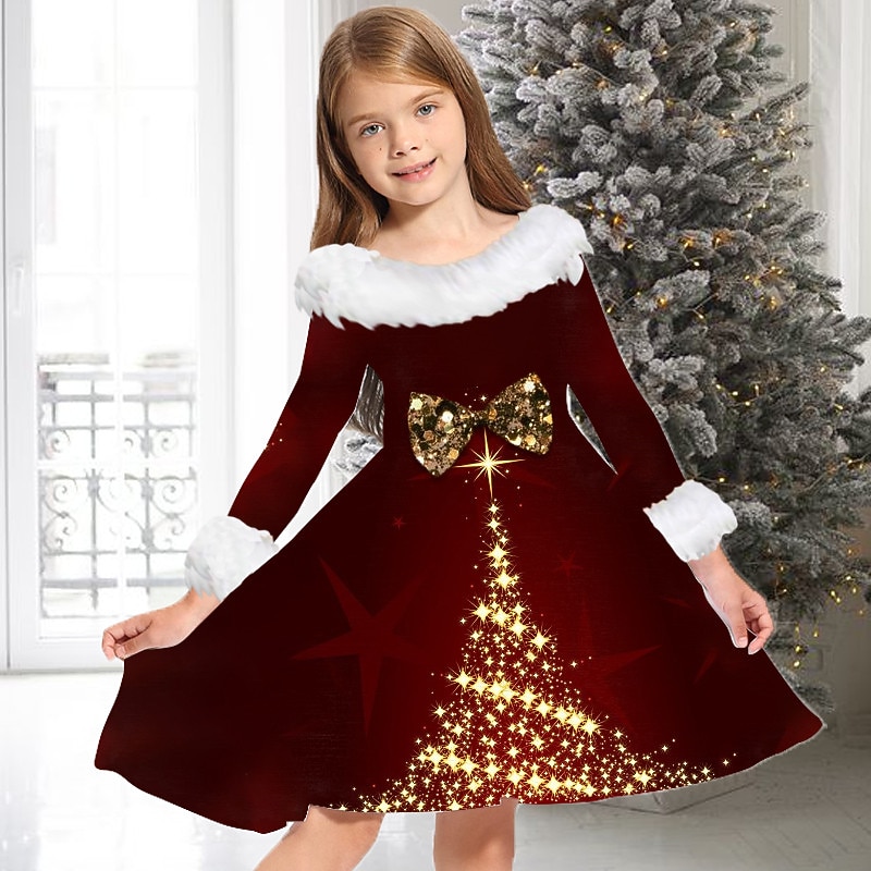 Kids Girls' Christmas Dress Dress Tree Long Sleeve Christmas Gifts Casual  Fur Trim Crewneck Adorable Daily