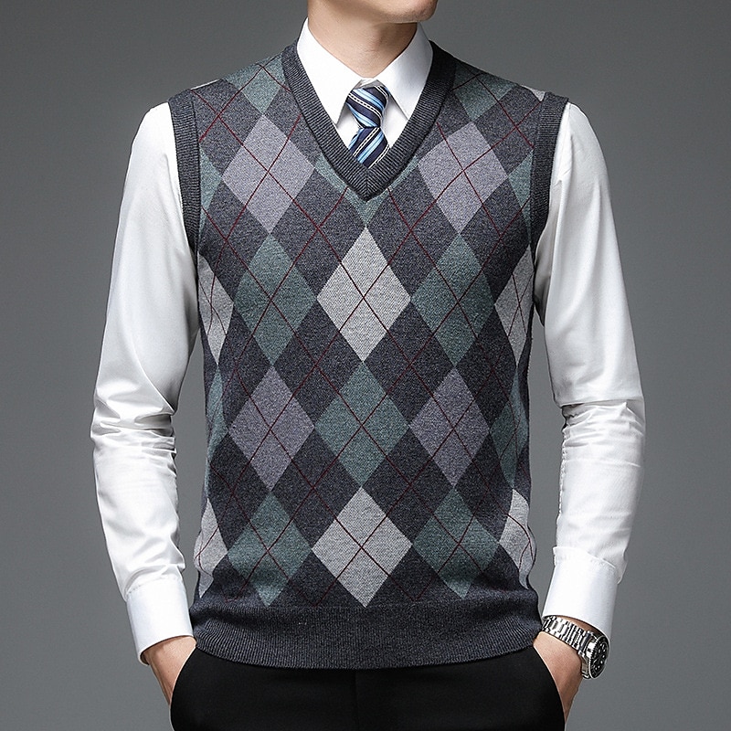 Voor heren Trui Trui vest Herenkleding Truien Stoppen Geribd breien Gebreid Kleurenblok V-hals Modern eigentijds Vrije tijd Werk Alledaagse kleding Kleding Mouwloos Winter Lente & Herfst Kameel Wijn 2025 - $36.99 –P1