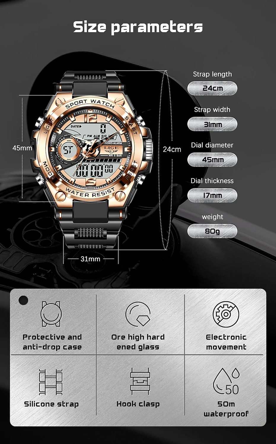 LIGE Mannen Digitale Horloge Chronograaf Militaire Sport Waterdicht Dubbele Weergave Kalender Chronograaf Waterdichte Siliconen Strap Horloge 2026 - $29.99 –P5