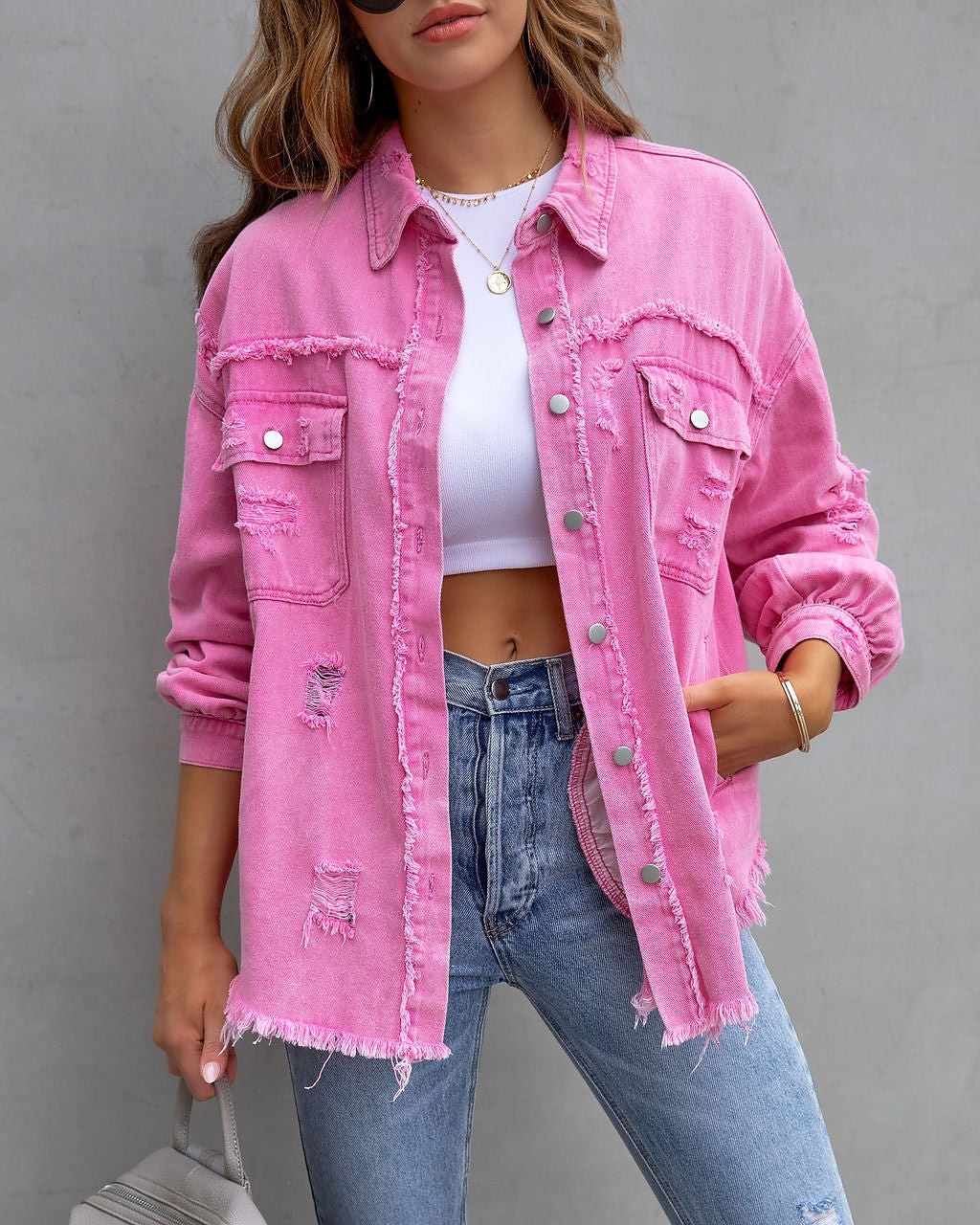 Women's Shacket Plain Basic Long Sleeve Shirt Collar Regular Tops Valentine's Day Casual Daily Buttons Pocket Pink Purple Orange Spring Fall 2025 - $35.99 –P10