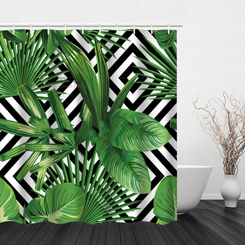 Tropical Shower Curtain with Hooks, Green Shower Curtain, Plant