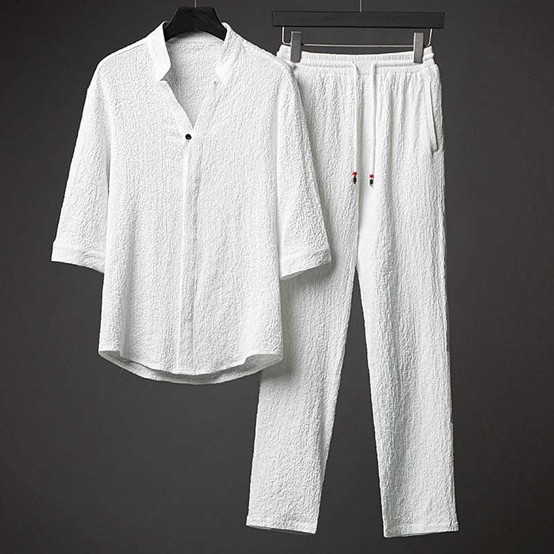 Men's 2 Piece Shirt Set Summer Set Shirt and Pant Sets Black White Gray Half Sleeve Solid Colored Collar Outdoor Street Drawstring Clothing Apparel Comfortable Loose 2024 - $32.99 –P1