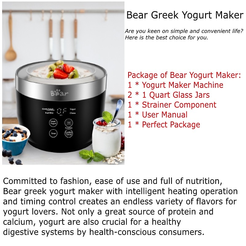 Bear Yogurt Maker, Greek Yogurt Maker Machine with Strainer and Timer  Control, Stainless Steel Inner Pot, Automatic Digital with 2 Glass Jars 1  Quart