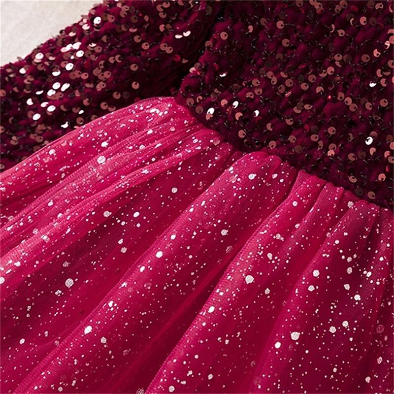 Batole Dívčí Šaty na párty Pevná barva Dlouhý rukáv Výkon Flitry Síťka Roztomilý Princeznovské Polyester Délka ke kolenům Tylové šaty Léto Jaro 3-7 let Rubínově červená Šedá 2025 - $43.99 –P4