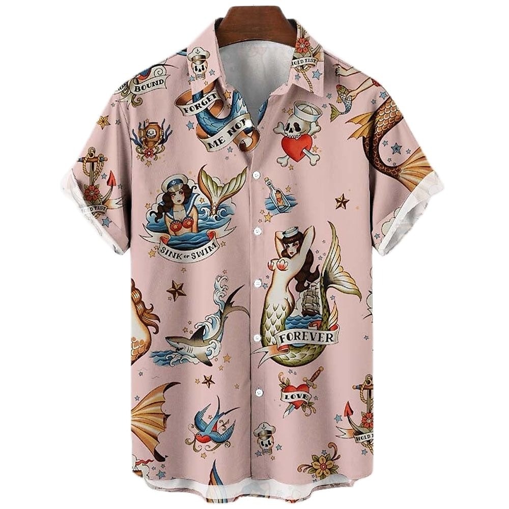 Męskie Syrena Koszula Koszula hawajska Koszula Aloha Krótkie rękawy Koszula Wieczorne Zabytkowe Moda Designerskie Na zewnątrz Ulica Codzienny Czarny Biały Żółty Druk 3D S M L 2025 - $24.99 –P6