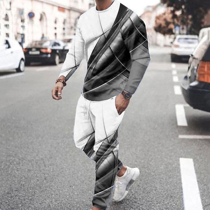 Sudadera y pantalones a rayas para hombre, sudadera con capucha gráfica, conjunto de sudaderas con capucha, rojo, azul, gris claro, cuello redondo, bloque de color, estampado de 2 piezas, 2025 - $39.99 –P4