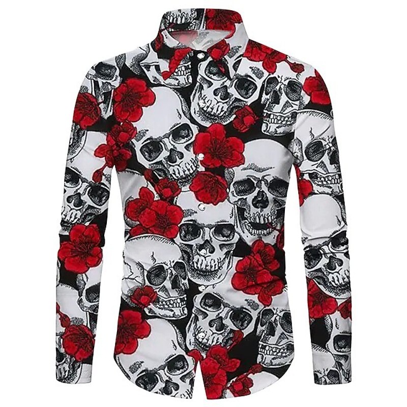 Per uomo Rosa Floreale Teschi Camicia Manica lunga Di tendenza Originale Informale Halloween Strada Informale Autunno inverno Collo ripiegabile Stampa Bottone giù Nero e rosso Vinaccia Nero Bianco del 2025 a $26.99 –P5