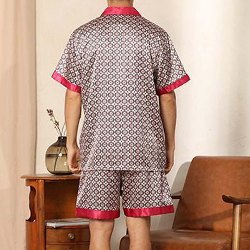 Miesten Uniasut Yöpukusarja Silkkipyjama Pyjama toppi ja shortsit 1set Pilkku Yksinkertainen Mukavuus Koti Päivittäin Tekosilkki Hengittävä Kauluskäänne Lyhythihainen Shortsit Tasku Syksy Kevät Viini 2025 - $34.99 –P8