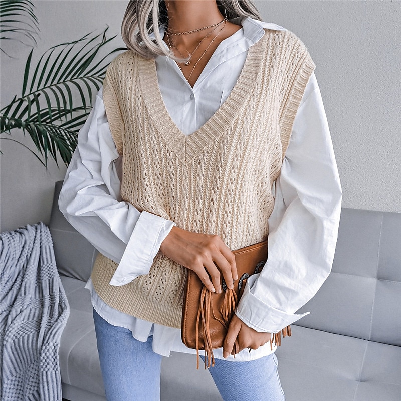 Women's Sweater Vest V Neck Cable Knit Acrylic Knitted Fall Winter Outdoor Daily Holiday Stylish Casual Soft Sleeveless Pure Color Pink Beige S M L 2023 - US $21.99 –P10