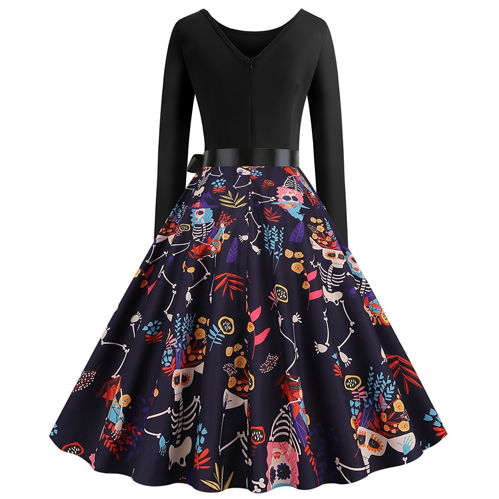 Jaren '50 Retro vintage Over de knie Jurken Swing Jurk Flare Jurk Lange Mouwen Halloween Wijd uitlopend Schommel Kostuum Dames Halloween Halloween Volwassenen Kleding 2026 - $27.99 –P12