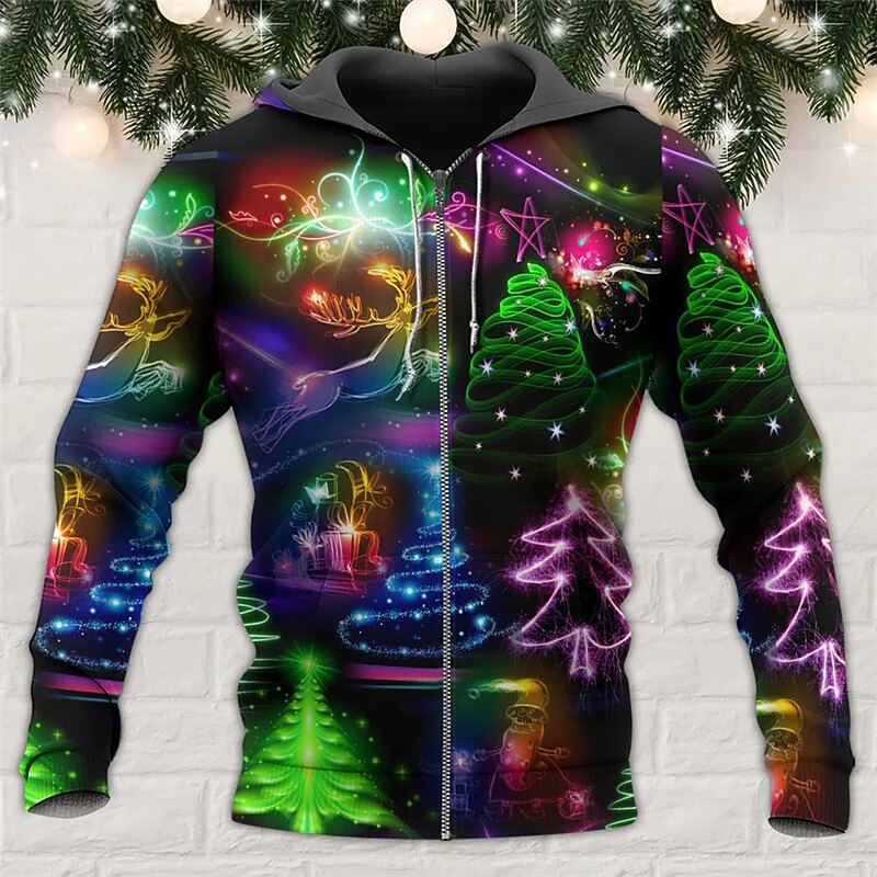 Sweat à capuche 3D Père Noël pour homme, veste entièrement zippée, noir, jaune, rouge, violet, imprimé graphique Père Noël, fermeture éclair moche, imprimé sport&amp;extérieur quotidien de 2025 ? $28.99 –P4