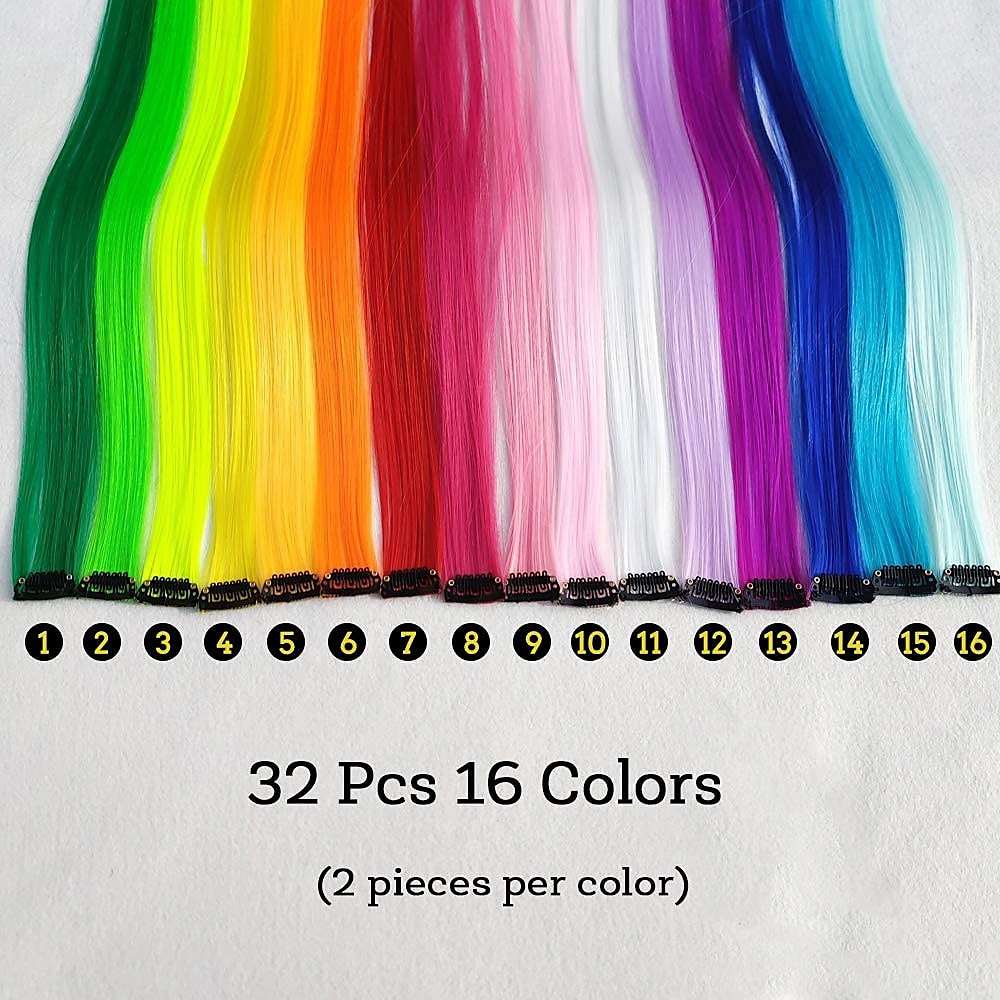 32packs gekleurde hair extensions 20inch rechte kleur clip in op haarverlenging regenboog partij hoogtepunten synthetisch haarstukje voor meisjes 2025 - $26.99 –P4