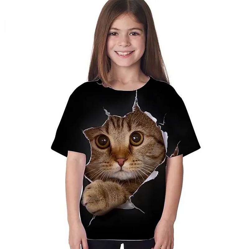 Bambino Da ragazza maglietta Animali Informale Manica corta Girocollo stile sveglio 7-13 anni Estate Nero Bianco Blu marino del 2025 a $11.99 –P8