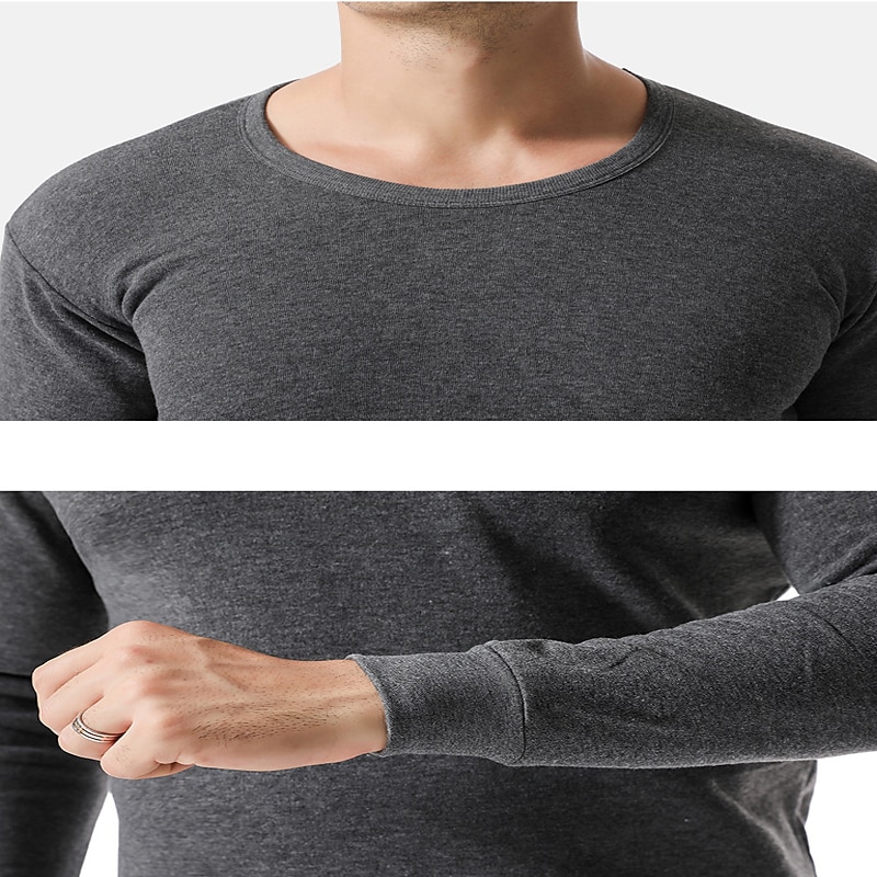 Men's Thermal Underwear Sleepwear Thermal Set Pure Color Basic Fashion Comfort Home Polyester Warm Crew Neck Long Sleeve Pant Elastic Waist Winter Fall Black Light gray 2026 - AU $25.39 –P10