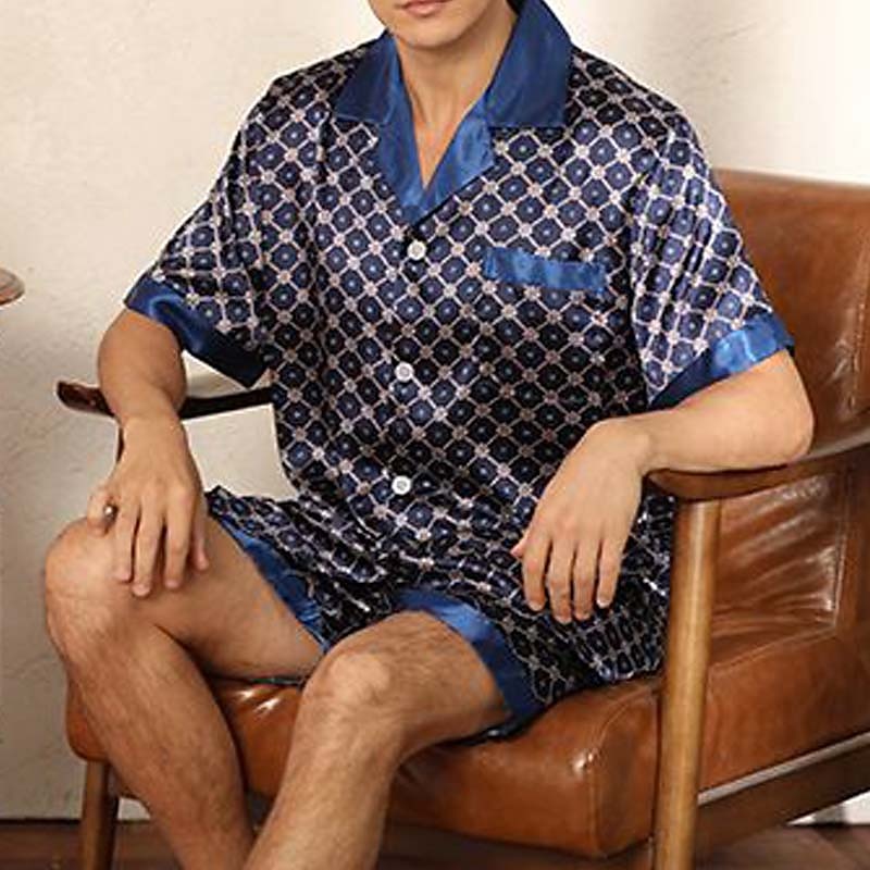 Miesten Uniasut Yöpukusarja Silkkipyjama Pyjama toppi ja shortsit 1set Pilkku Yksinkertainen Mukavuus Koti Päivittäin Tekosilkki Hengittävä Kauluskäänne Lyhythihainen Shortsit Tasku Syksy Kevät Viini 2025 - $34.99 –P2
