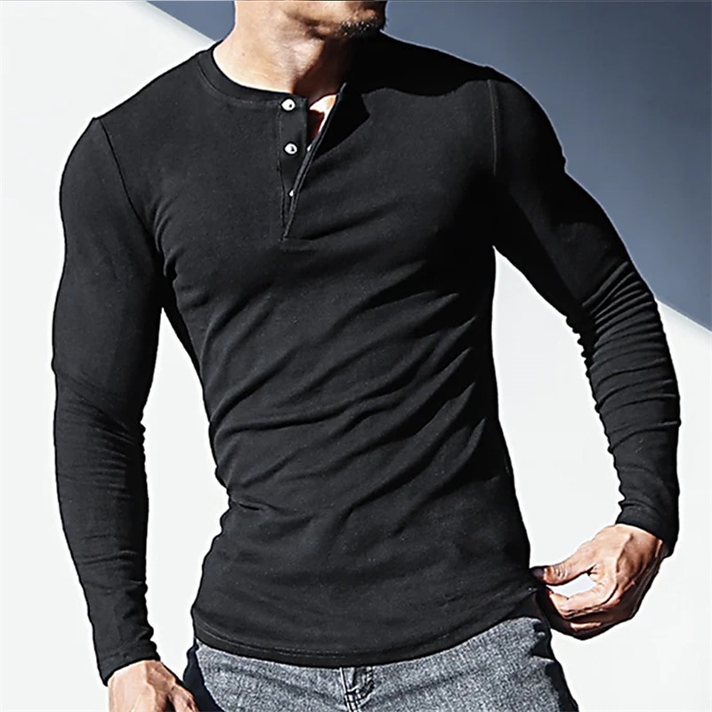 Herren T-Shirt mit Knöpfen T Shirt Langarmshirt Langarm Henley Frühling & Herbst Einfach Designer Basic Lässig Button-Down Straße Sport Ferien Schwarz Weiß Grau Top T-Shirt für Herren 2025 - $24.99 –P1